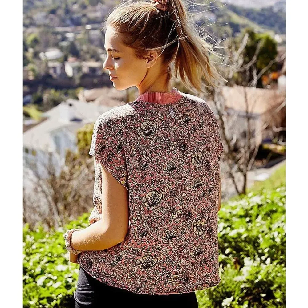 Free People FP Movement Poppy Dreams Tee | Floral Top | Coral Pink | Size S - Picture 2 of 9